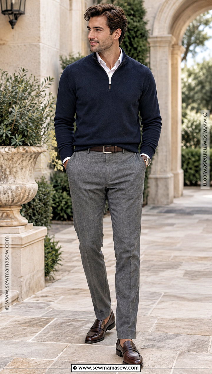 Quarter Zip Sweater And Wool Trousers Fall Engagement Outfit - 15 men fall engagement outfit ideas