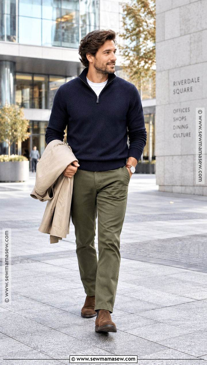 Quarter Zip Sweater T Shirt and Casual Trousers Outfit - 15 Casual Mens Fall Outfits