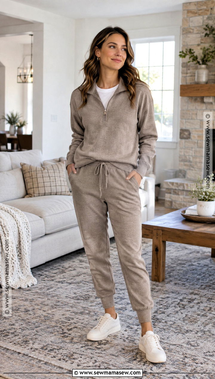Quarter Zip Sweater Thanksgiving Outfit With Knit Joggers - 25 Thanksgiving Dinner Outfit Women Casual Ideas