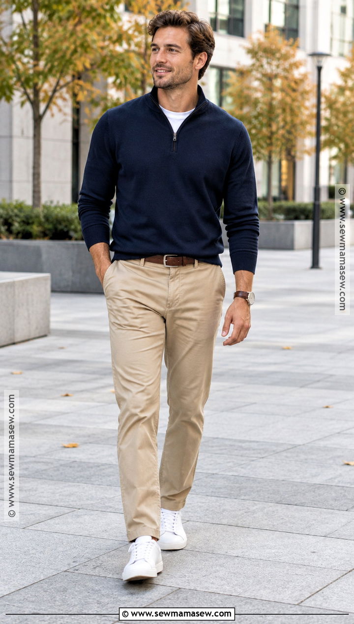 Quarter Zip Sweater With Chinos And Sneakers - 20 Casual Outfits Men Fall