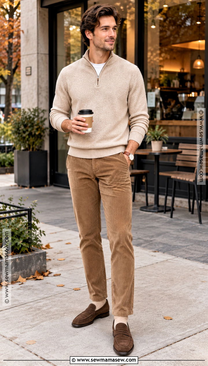 Quarter Zip Sweater With Corduroy Pants And Loafers - 15 mens fall sweaters outfits