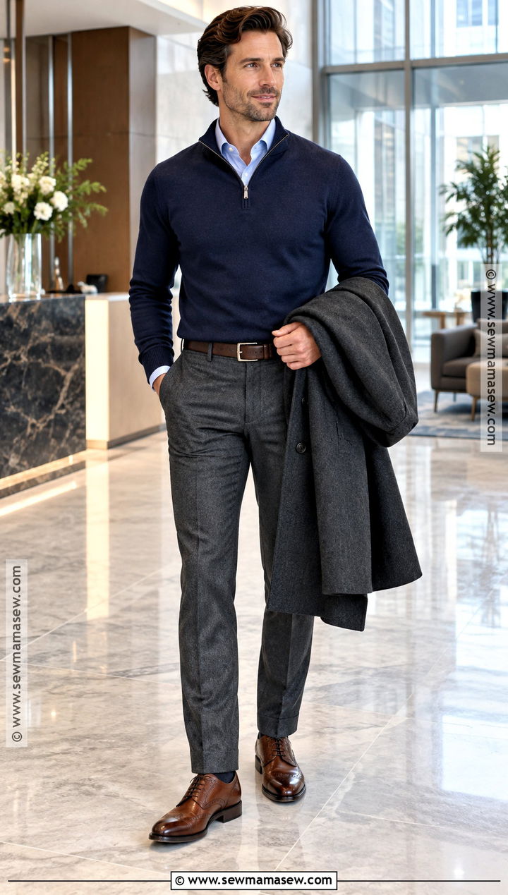 Quarter Zip Sweater With Dress Shirt And Wool Trousers - 15 men fall outfits business casual