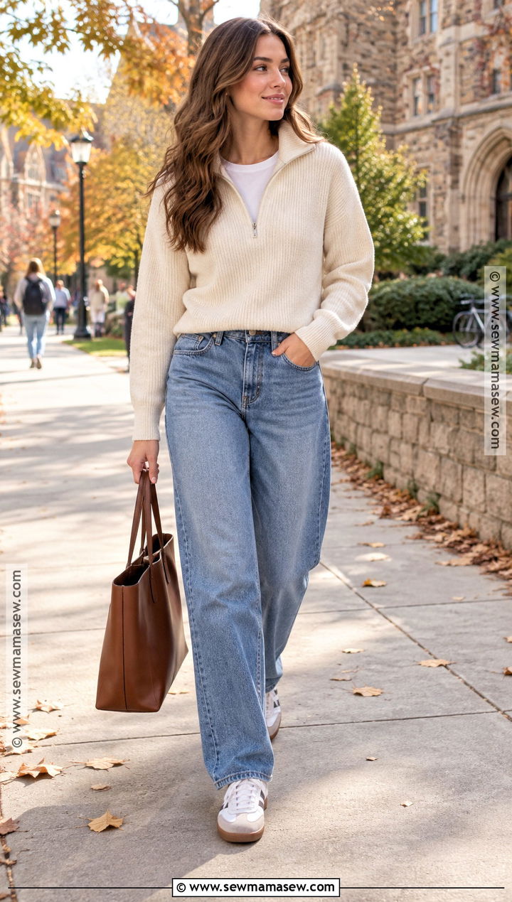 Quarter Zip Sweater With High Waisted Jeans - 25 fall sweaters