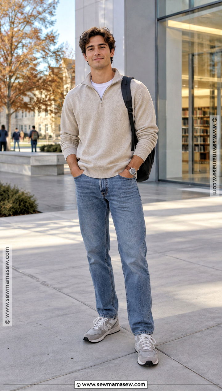 Quarter Zip Sweater With Jeans and Trainers - 15 chill fall outfits for men
