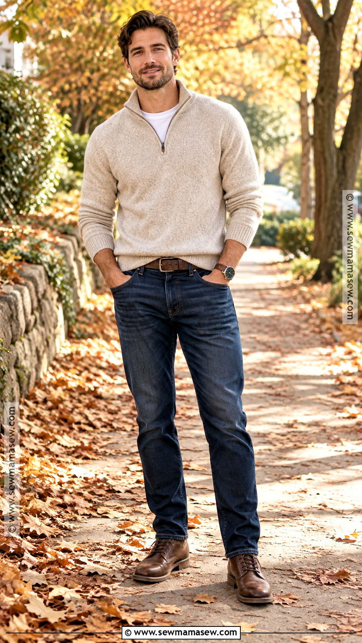 Quarter Zip Sweater With Straight Jeans And Boots - 20 Mens Casual Fall Outfits