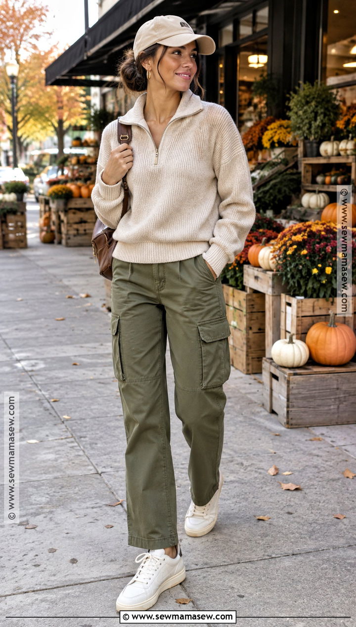 Quarter Zip Sweater and Cargo Pants Fall Outfit - 25 comfy cute fall outfits