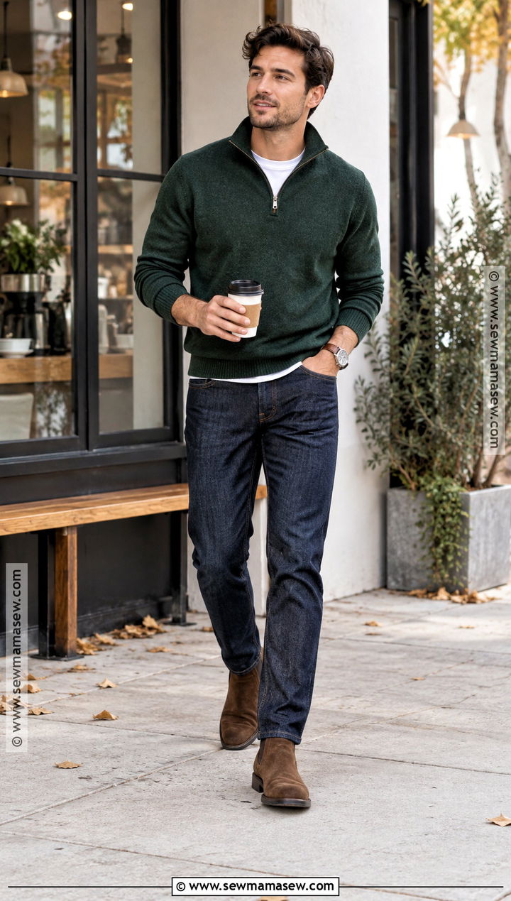 Quarter Zip Sweater and Dark Jeans Fall Outfit - 15 fall outfits for men