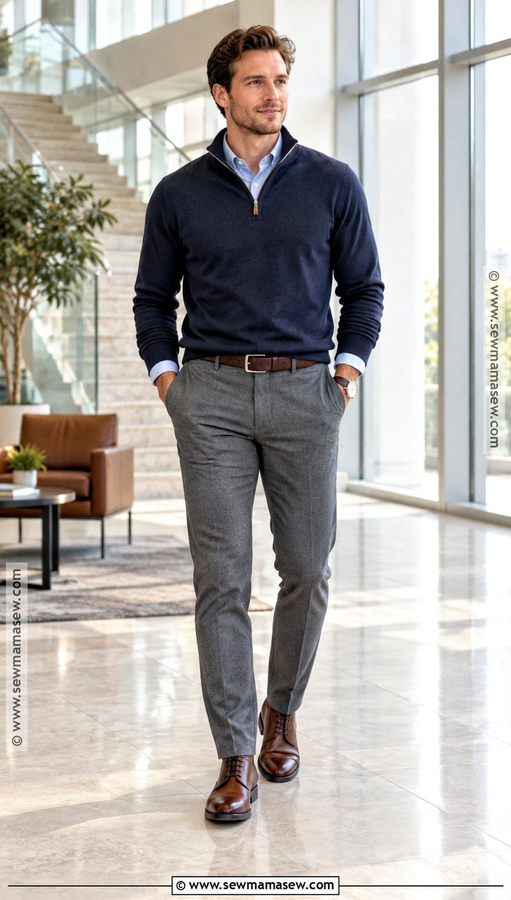 Quarter Zip Sweater and Trousers Fall Outfit - 20 Fall Outfits for Guys