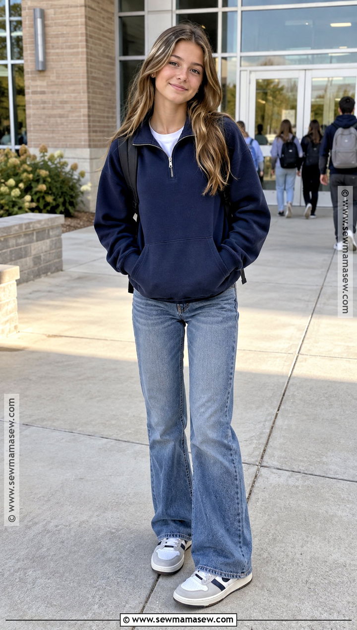 Quarter Zip Sweatshirt And Flare Jeans For 7th Grade - 15 Back To School Fits 7Th Grade