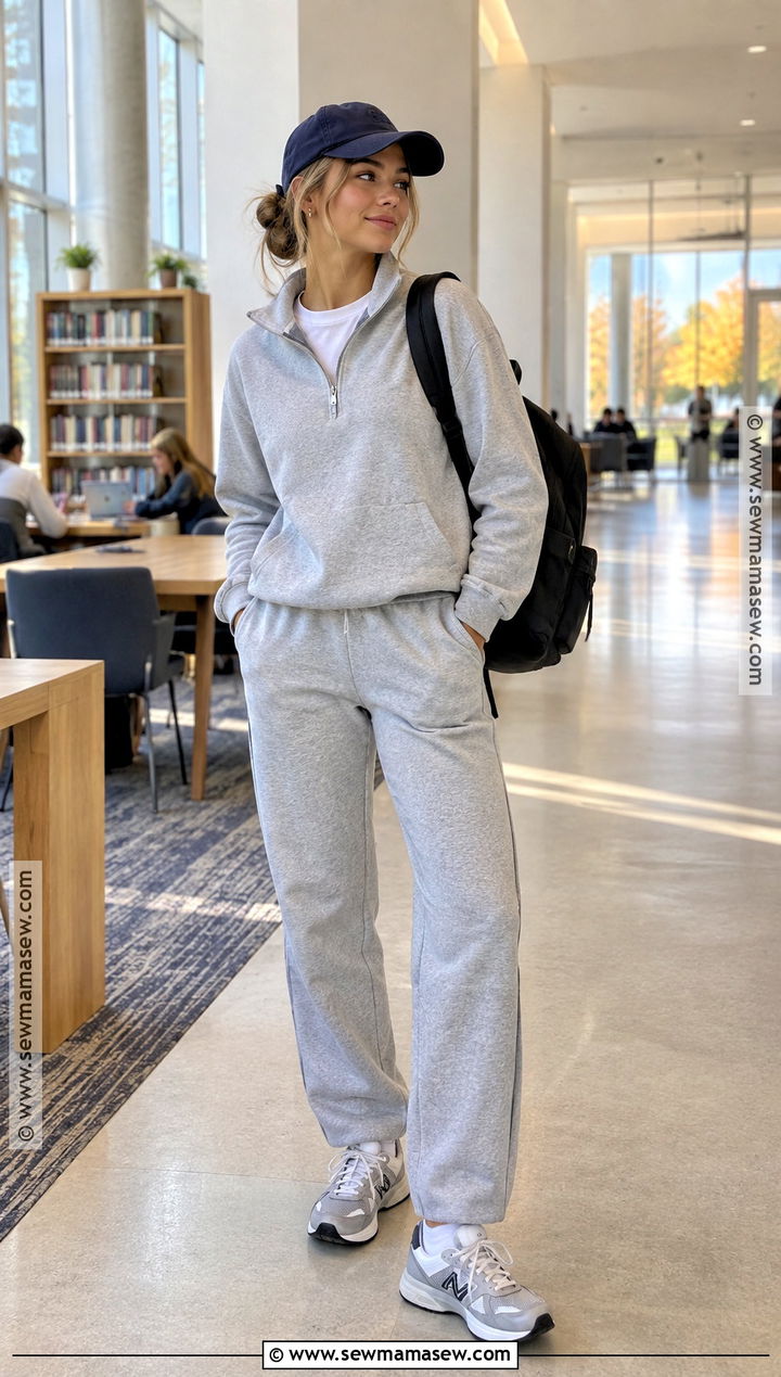Quarter Zip Sweatshirt And Joggers College Outfit - 15 casual fall college outfits
