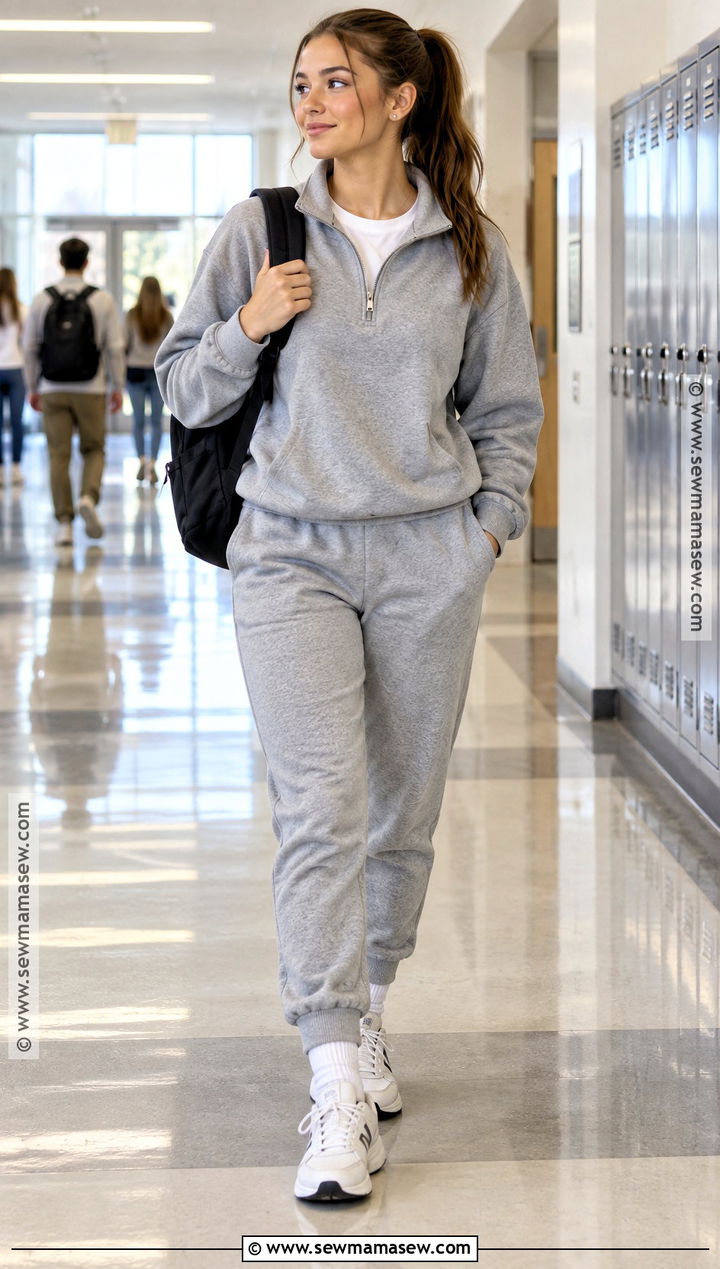 Quarter Zip Sweatshirt And Joggers School Outfit - 25 autumn outfits school