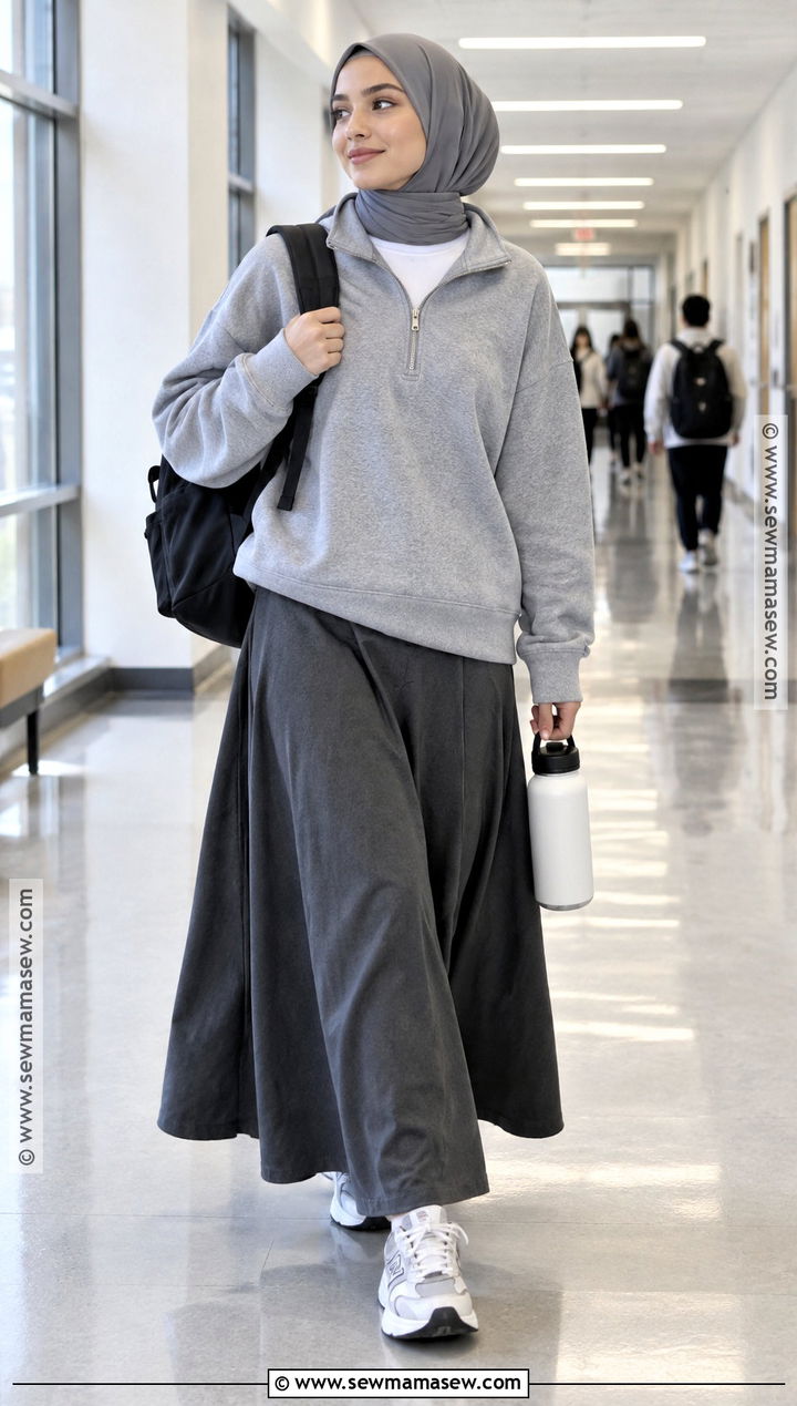 Quarter Zip Sweatshirt And Maxi Skirt Hijabi Outfit - 20 Back To School Hijabi Outfits