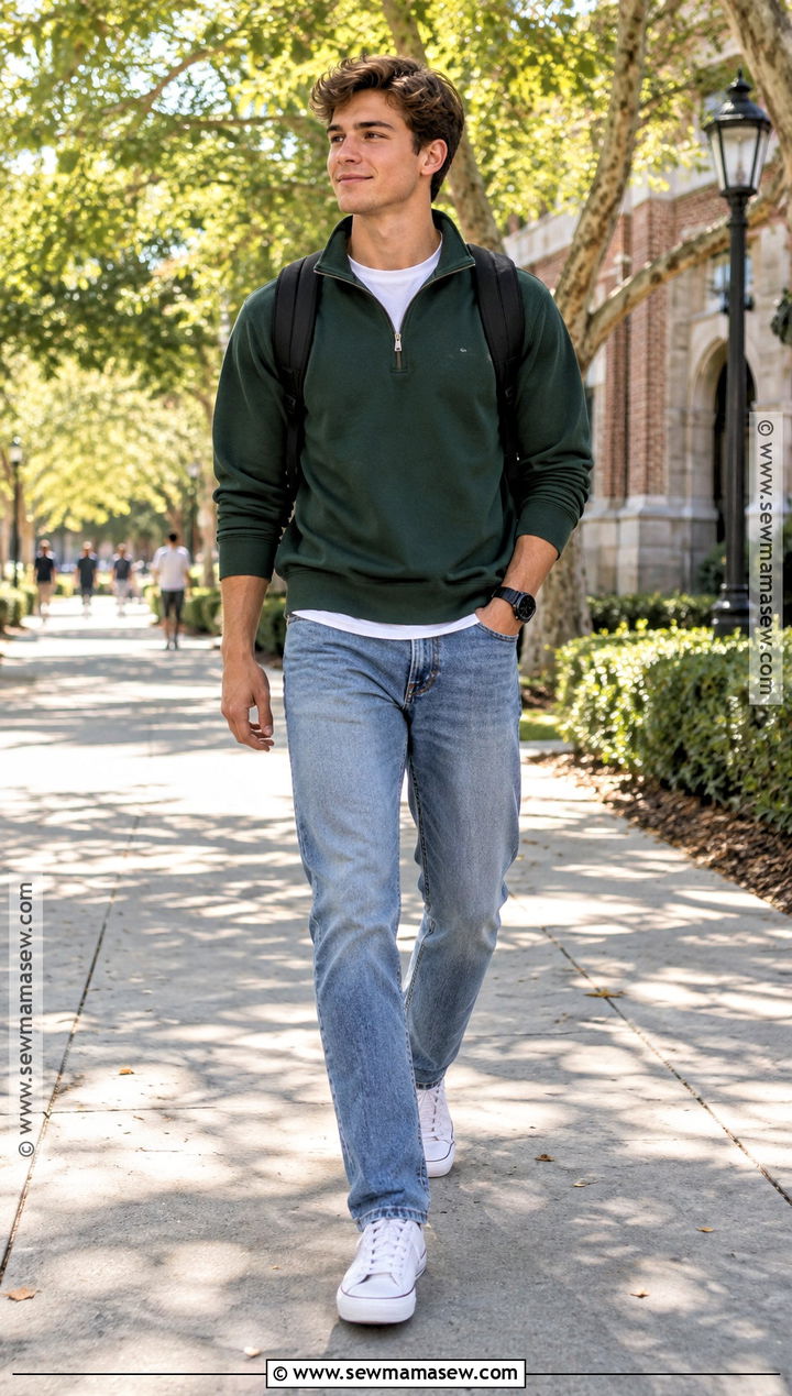 Quarter Zip Sweatshirt And Straight Jeans Outfit - 15 guys back to school outfits