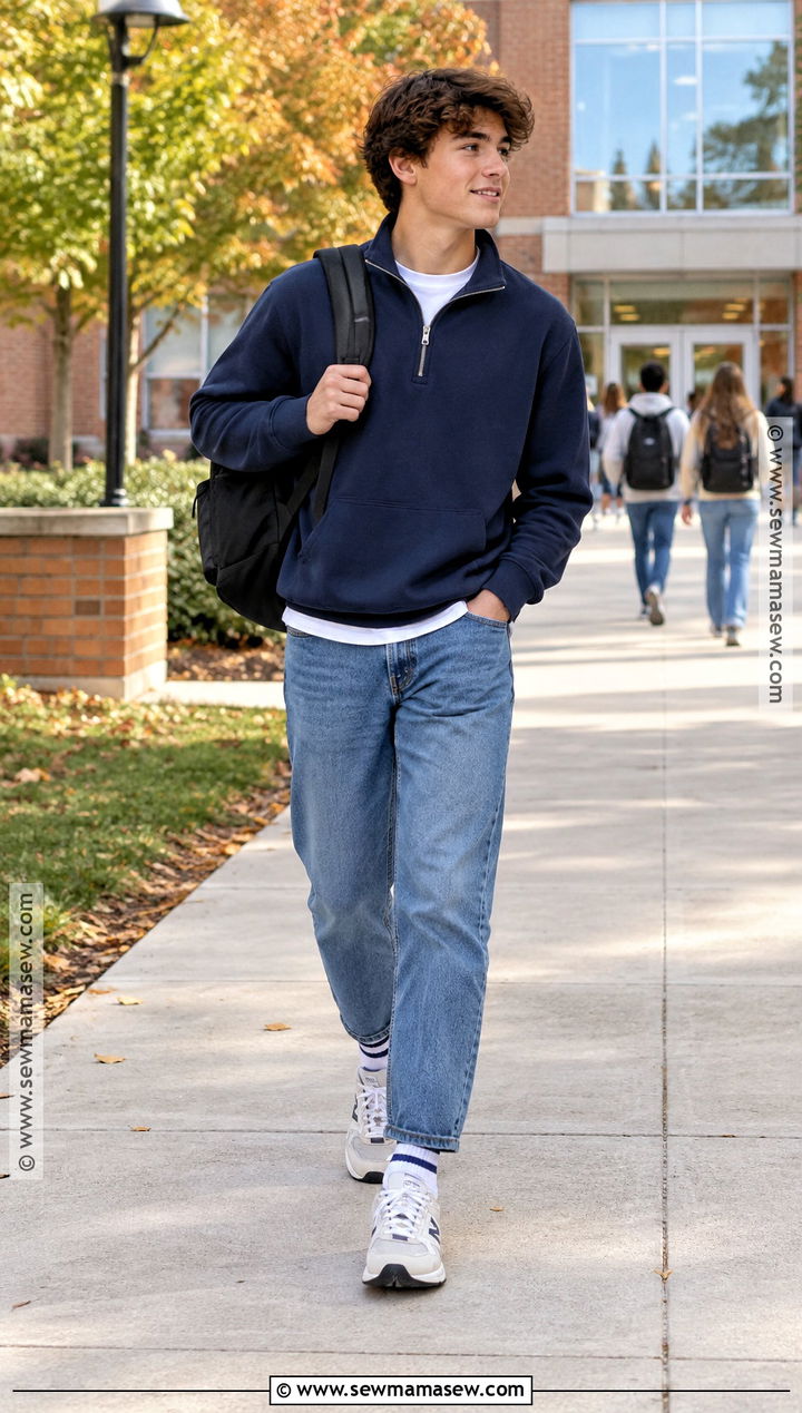 Quarter Zip Sweatshirt And Straight Leg Jeans Fall Outfit - 15 cute fall outfits for teens