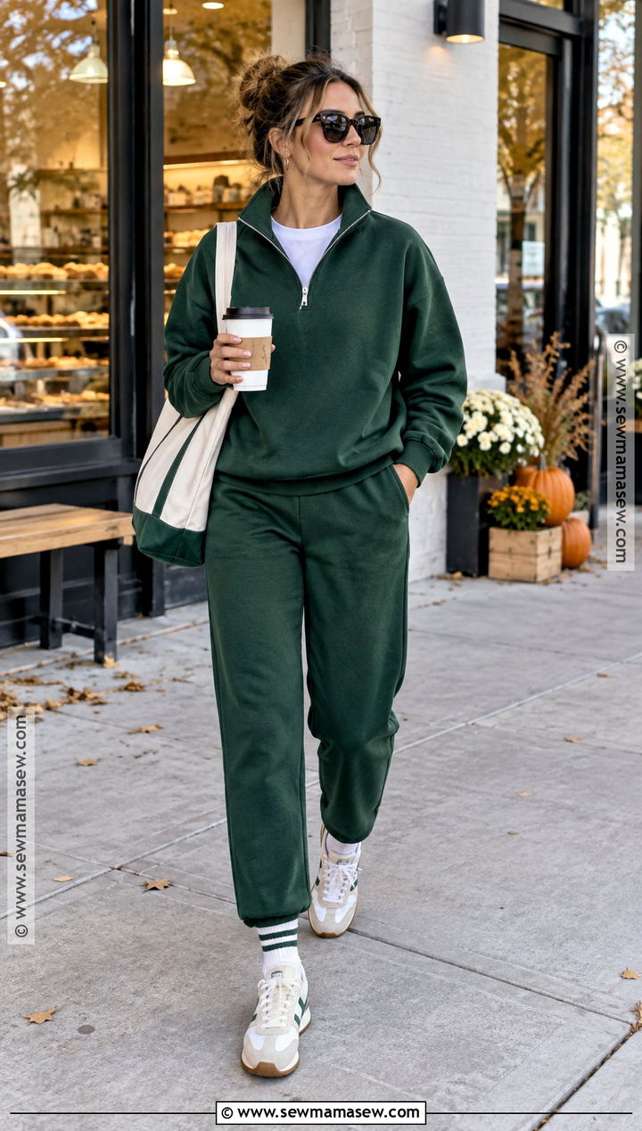 Quarter Zip Sweatshirt And Straight Leg Pants Outfit - 25 fall lounge outfits