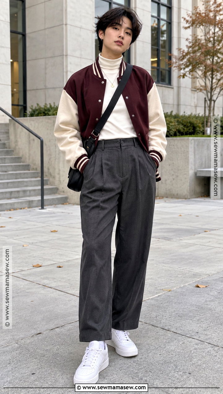 Queer Fall Varsity Jacket And Pleated Pants Outfit - 25 queer fall fashion ideas