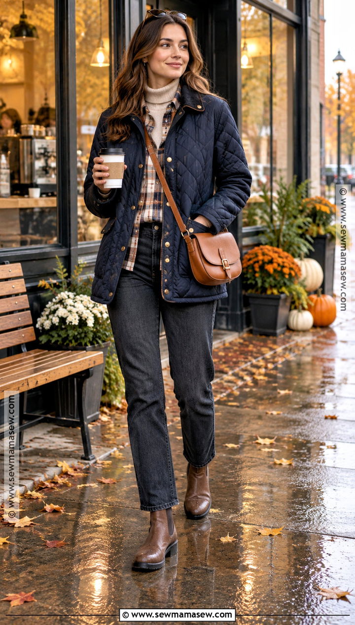 Quilted Coat And Dark Jeans Rainy Fall Outfit - 20 fall outfits rainy day
