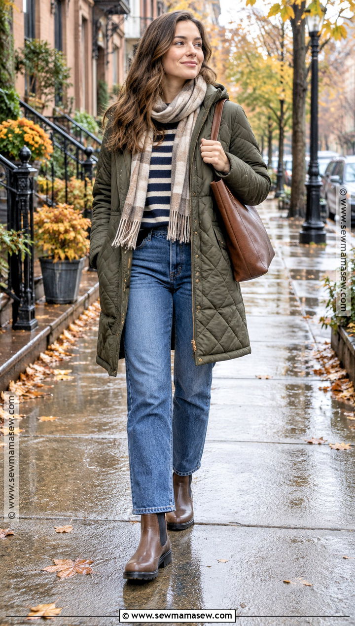 Quilted Coat And Sweater Jeans Outfit - 25 capsule wardrobe 2026 fallwinter ideas