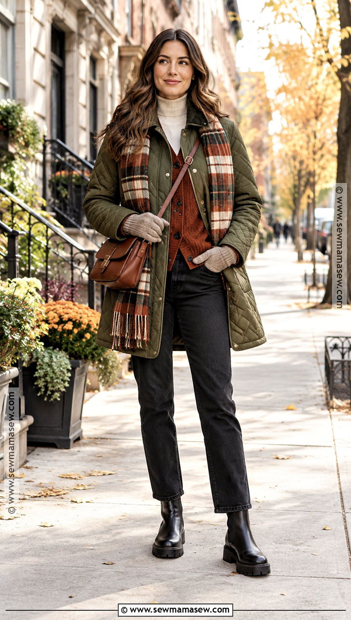 Quilted Coat With Cardigan And Black Jeans - 20 30 degree weather outfit fall ideas