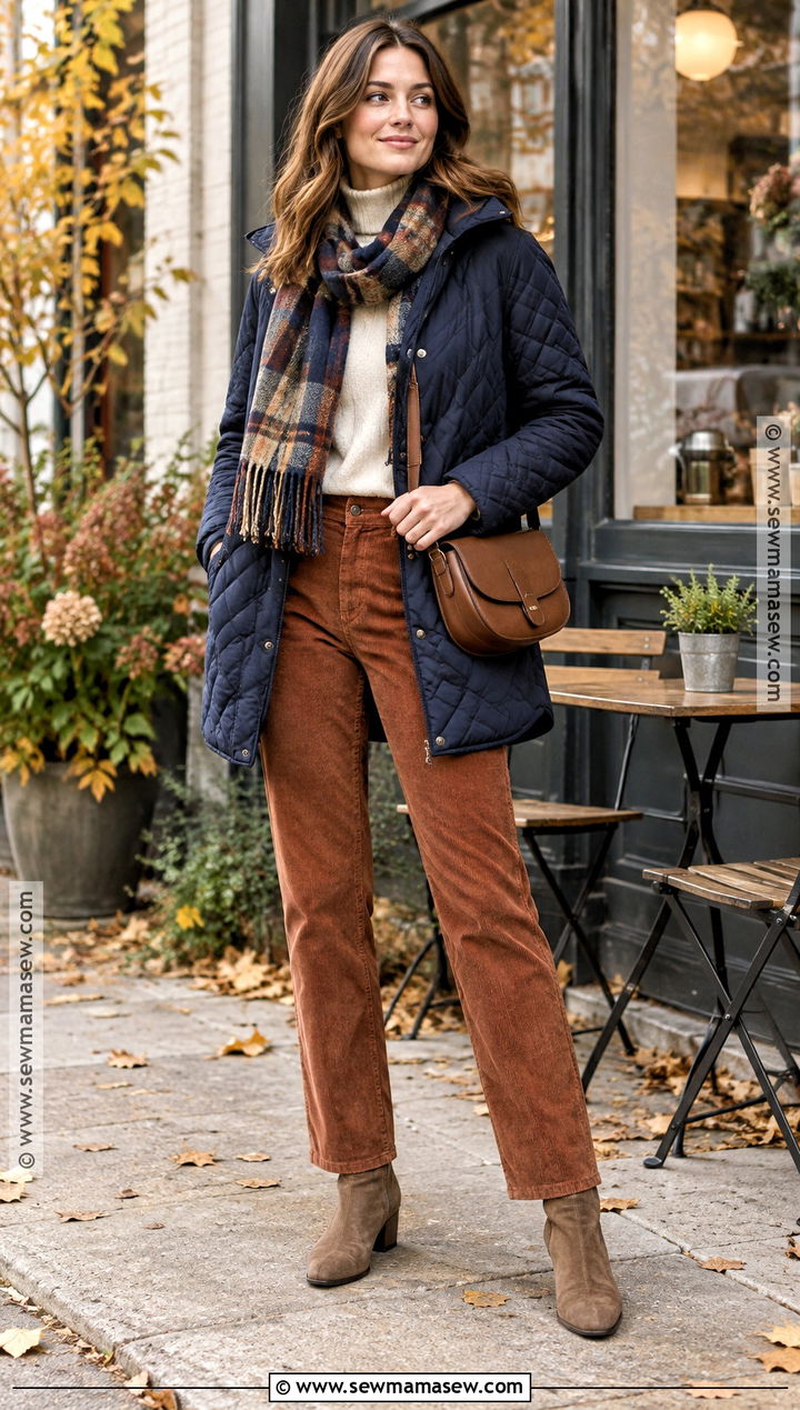 Quilted Coat With Corduroy Trousers And Sneakers - 20 Fall Outfits Coat