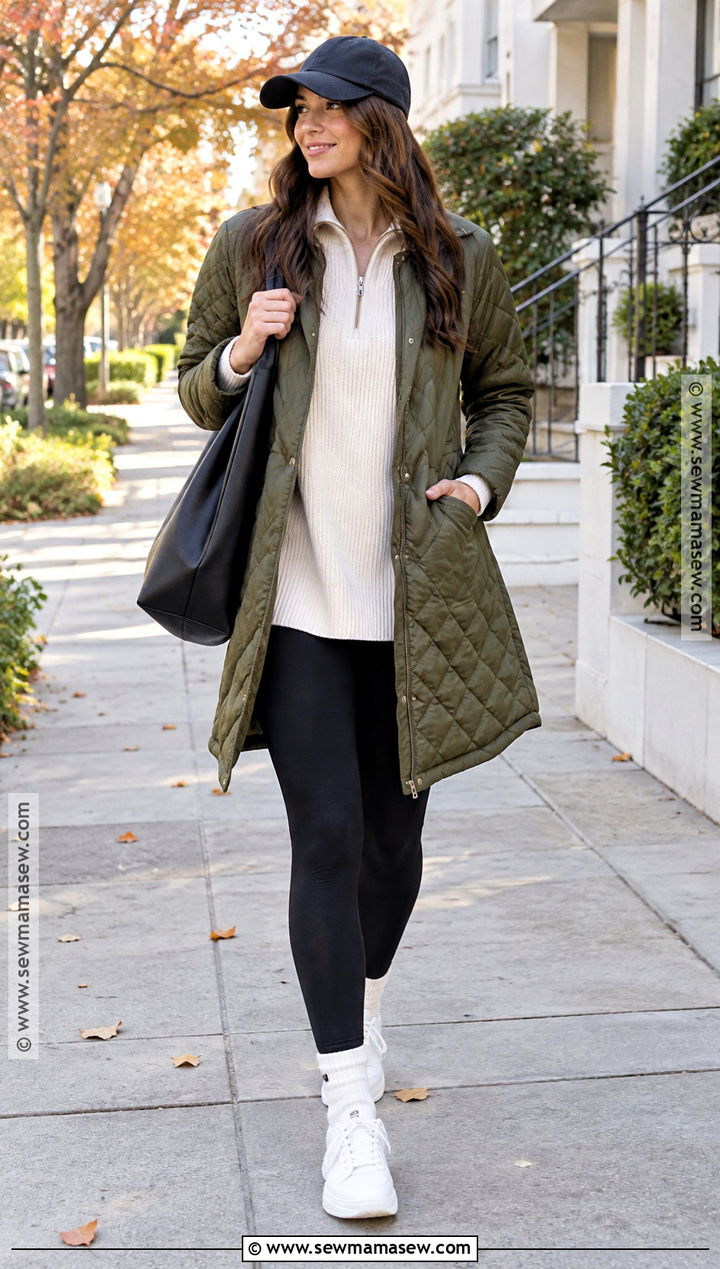 Quilted Coat With Leggings And Sneakers - 25 autumn coat outfit ideas