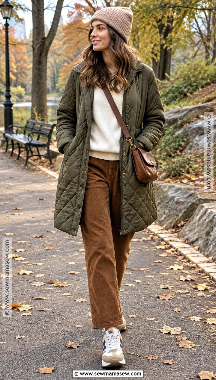 Quilted Coat With Sweatshirt And Corduroy Pants - 20 autumn outfits coat
