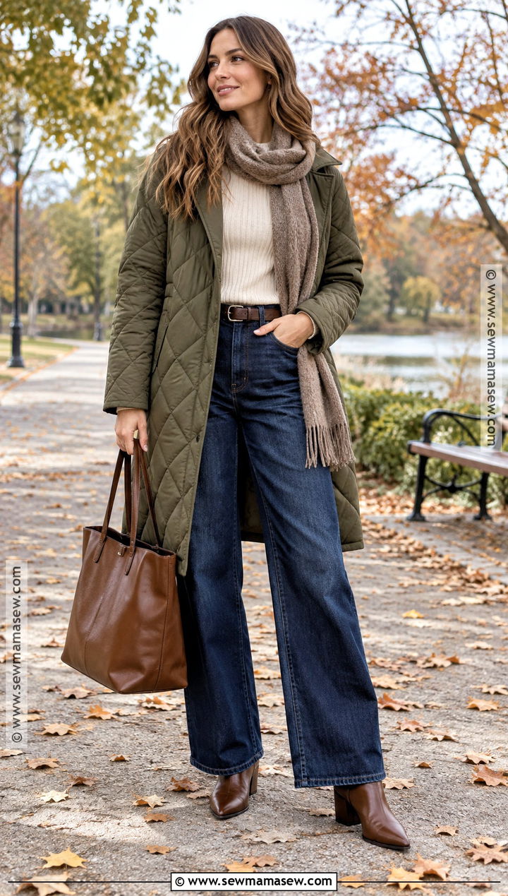 Quilted Coat With Wide Leg Jeans Outfit - 25 autumn outfits 2026 trends