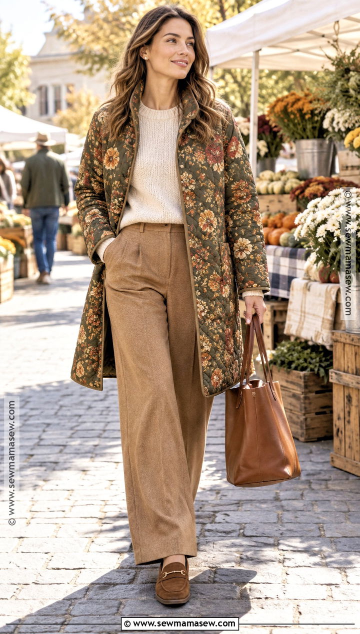 Quilted Floral Coat With Sweater And Wide Leg Pants - 15 autumn floral coat style ideas