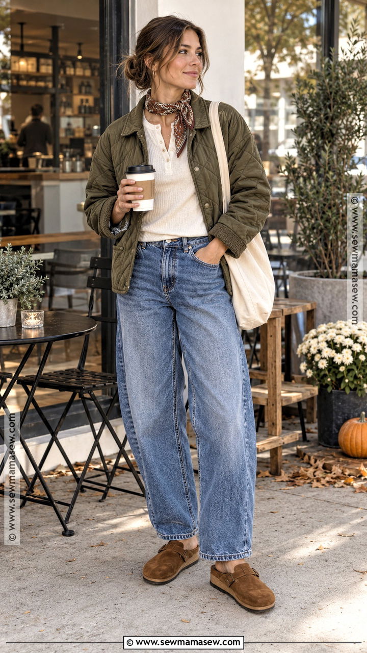 Quilted Jacket And Barrel Jeans Coffee Shop Outfit - 20 Fall Coffee Shop Outfit Ideas