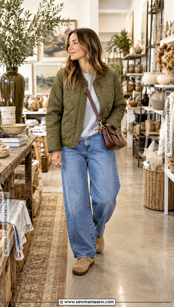 Quilted Jacket And Barrel Jeans Shopping Outfit - 20 shopping outfit autumn ideas