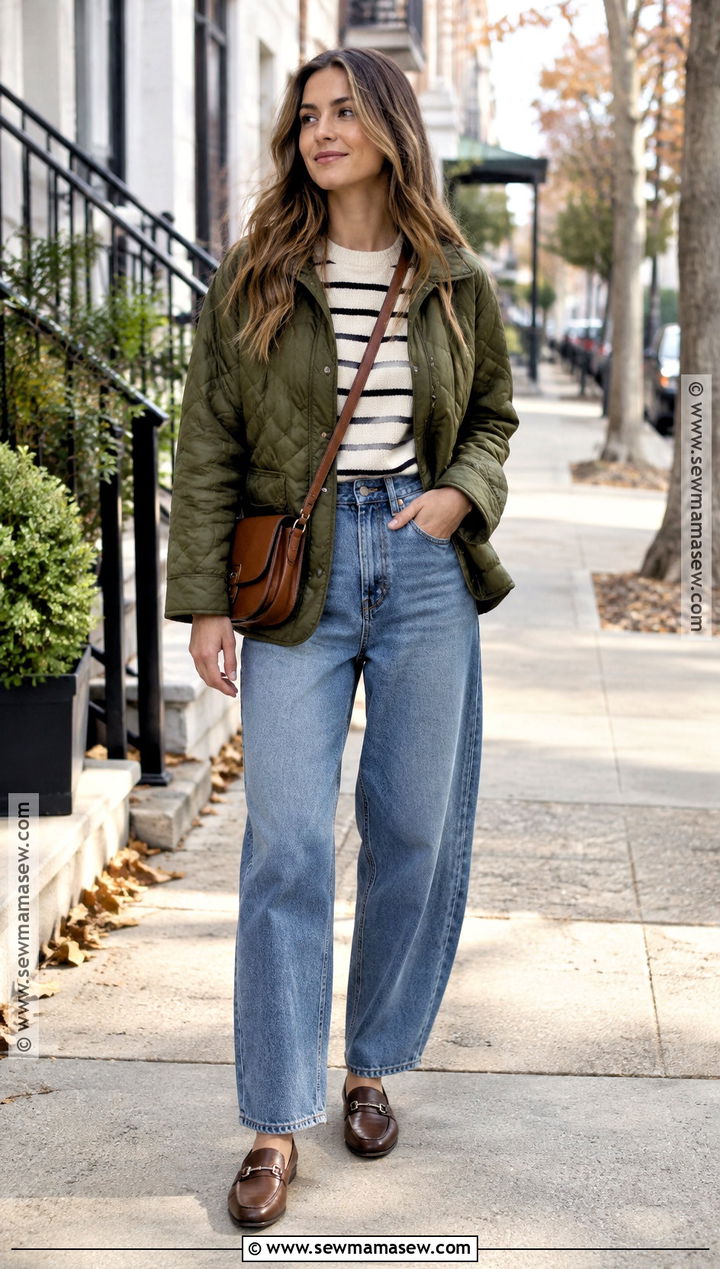 Quilted Jacket And Barrel Leg Jeans Autumn Brunch Outfit - 25 autumn brunch outfit ideas