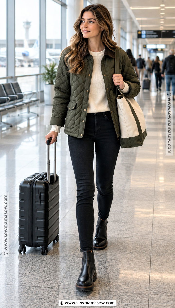 Quilted Jacket And Black Jeans Airport Outfit - 15 Autumn Travel Outfit Airport Style Ideas
