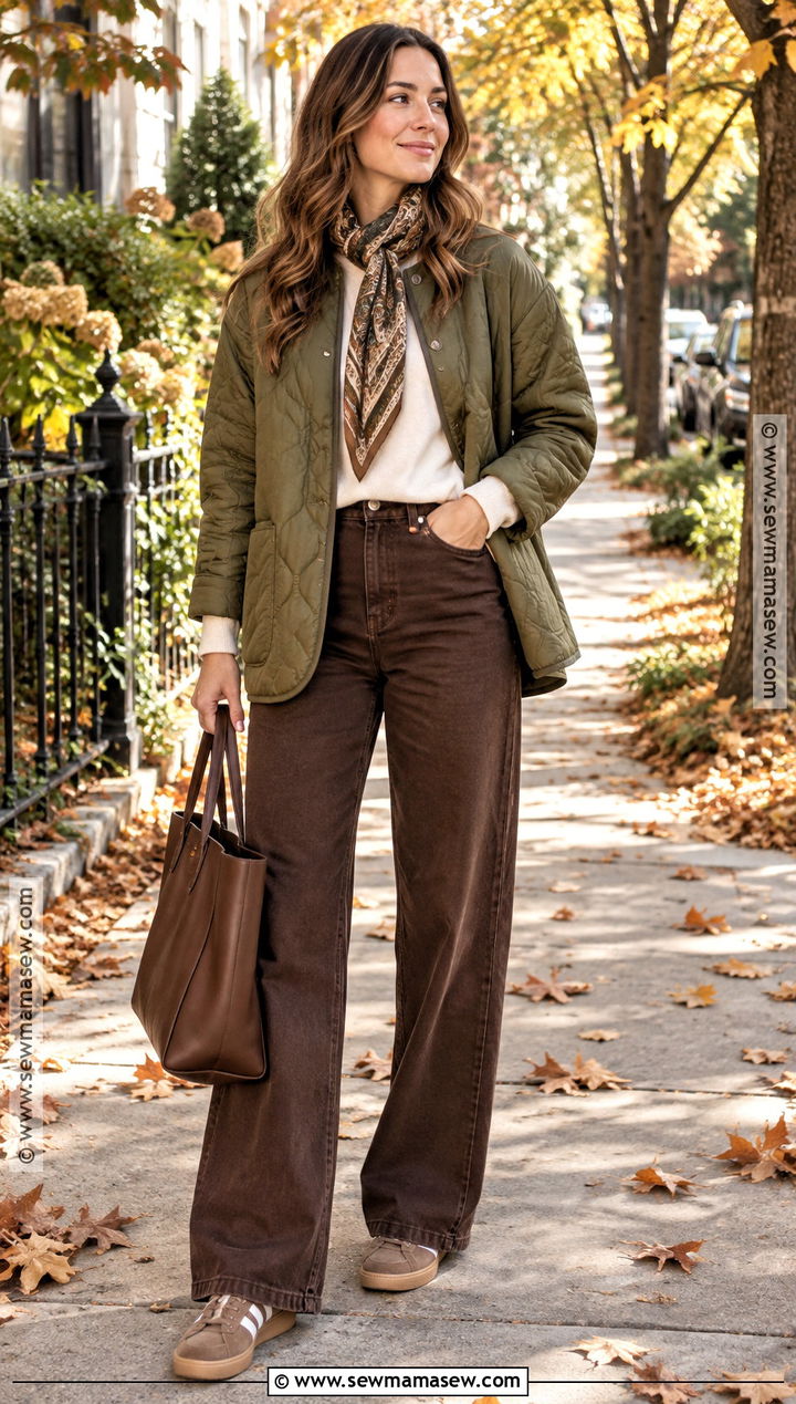 Quilted Jacket And Brown Jeans Streetwear Outfit - 20 Streetwear Fashion Women Fall Ideas