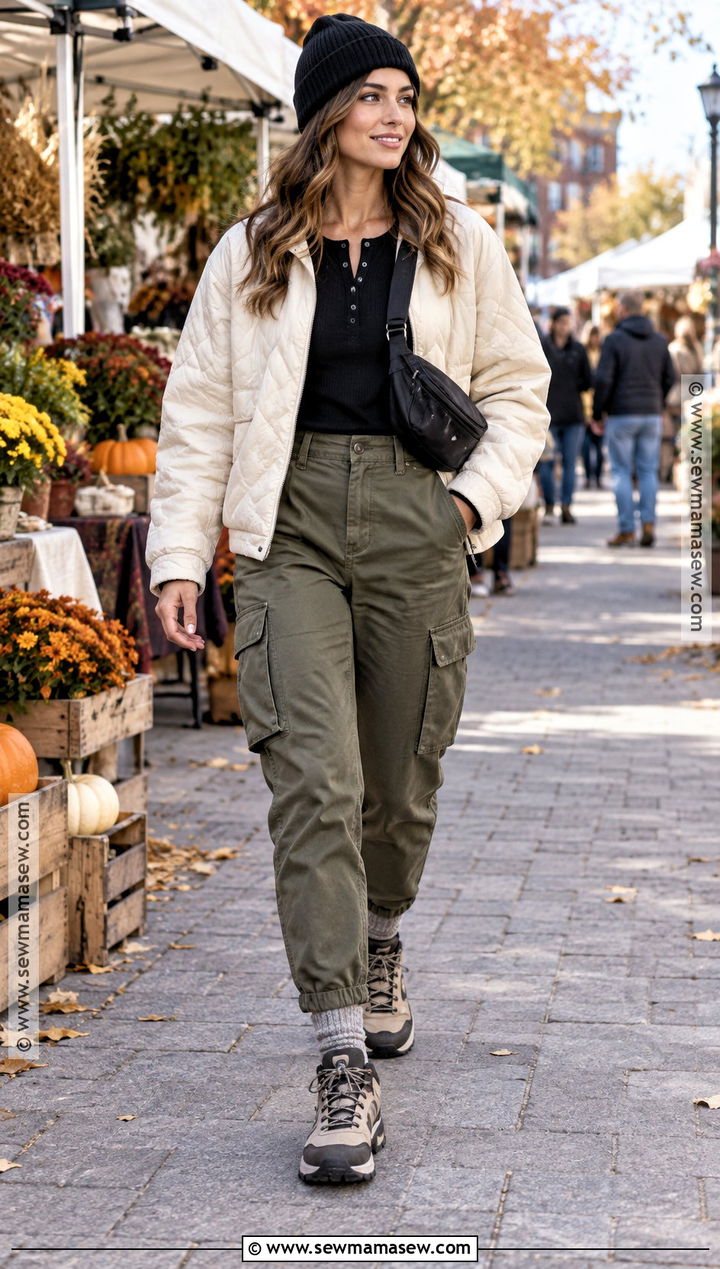 Quilted Jacket And Cargo Pants Fall Outfit - 15 Cute Fall Outfits For Cold Weather