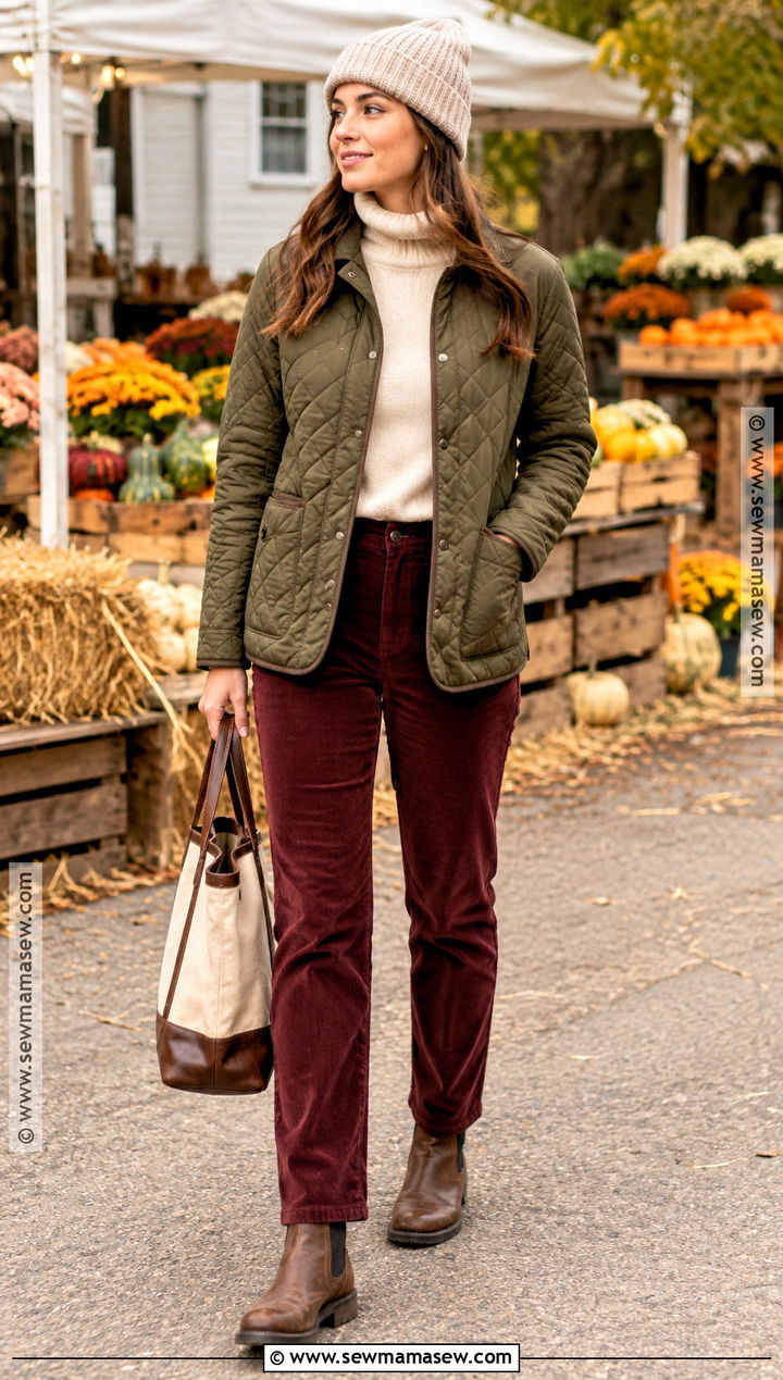 Quilted Jacket And Corduroy Jeans Fall Outfit - 30 casual fall outfits for women