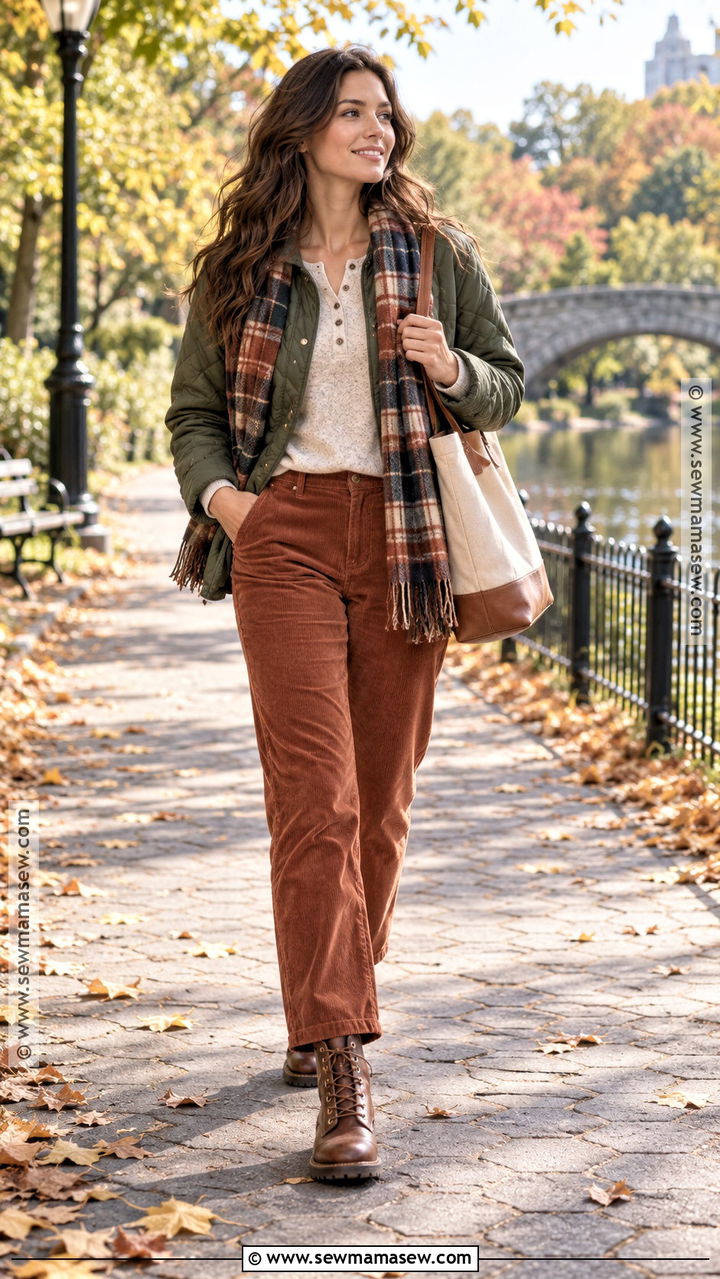 Quilted Jacket And Corduroy Pants Brunette Fall Outfit - 20 Brunette Fall Outfits