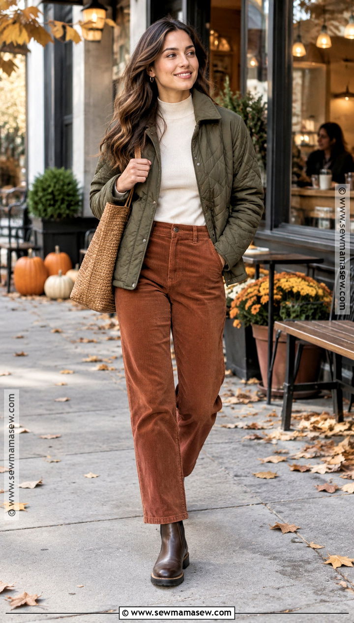 Quilted Jacket And Corduroy Pants Coffee Outfit - 20 Fall Coffee Outfit Ideas
