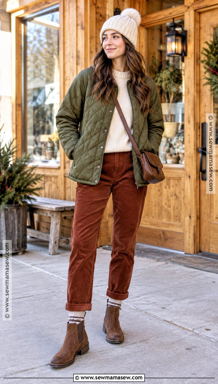 Quilted Jacket And Corduroy Pants Cold Weather Outfit - 25 fall cold weather outfits