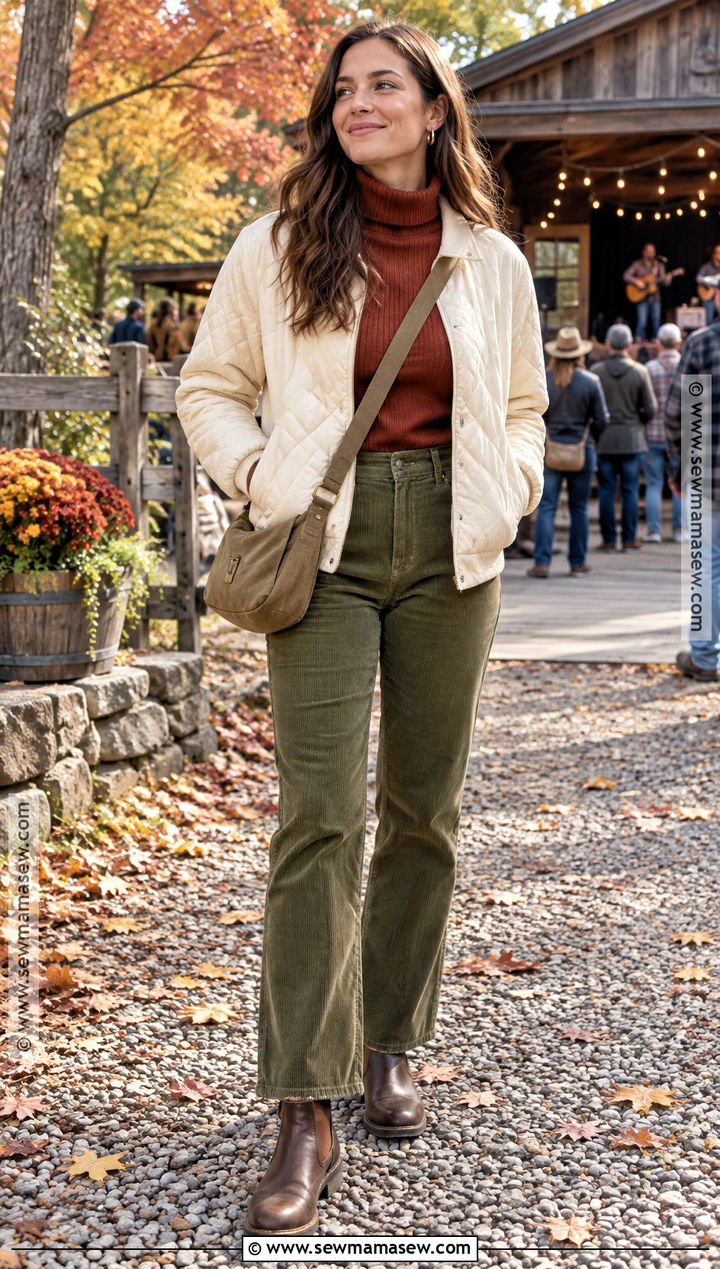 Quilted Jacket And Corduroy Pants Concert Outfit - 20 outdoor concert outfit fall ideas