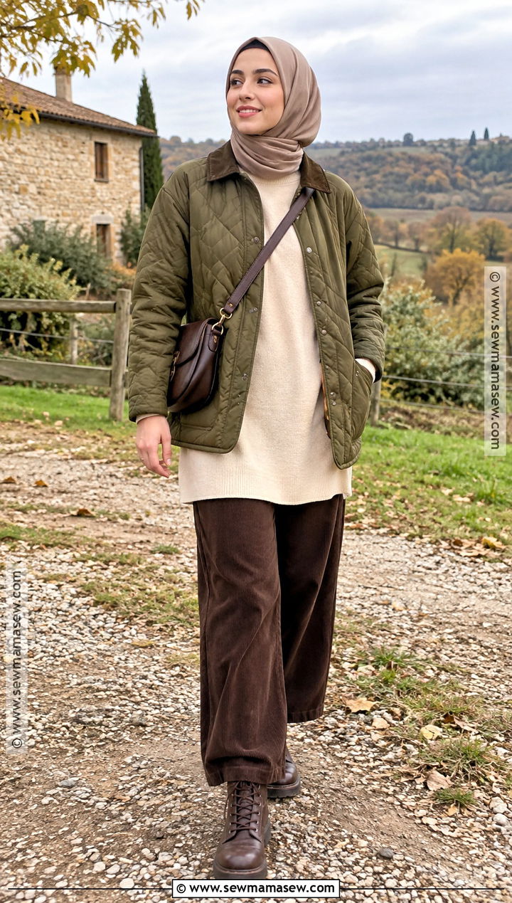 Quilted Jacket And Corduroy Pants Fall Hijab Outfit - 20 fall outfit hijab ideas