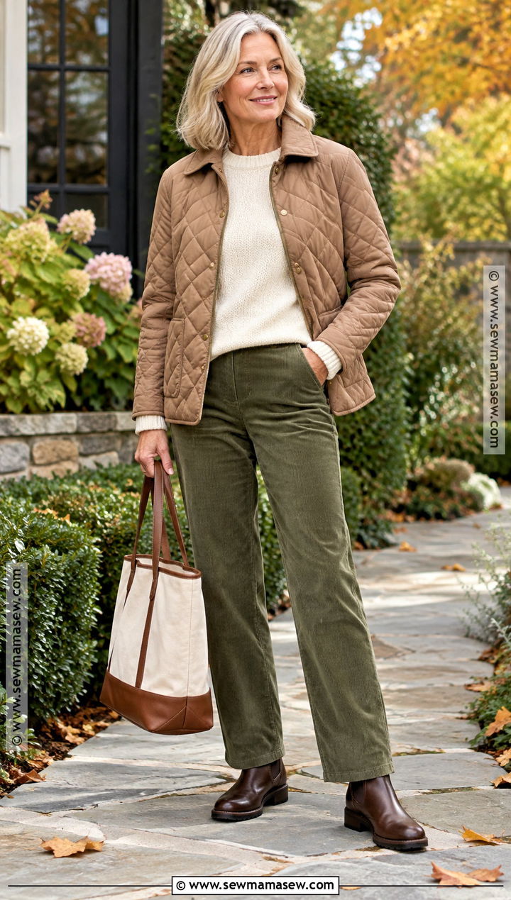 Quilted Jacket And Corduroy Pants Fall Outfit - 20 modest fall fashion ideas