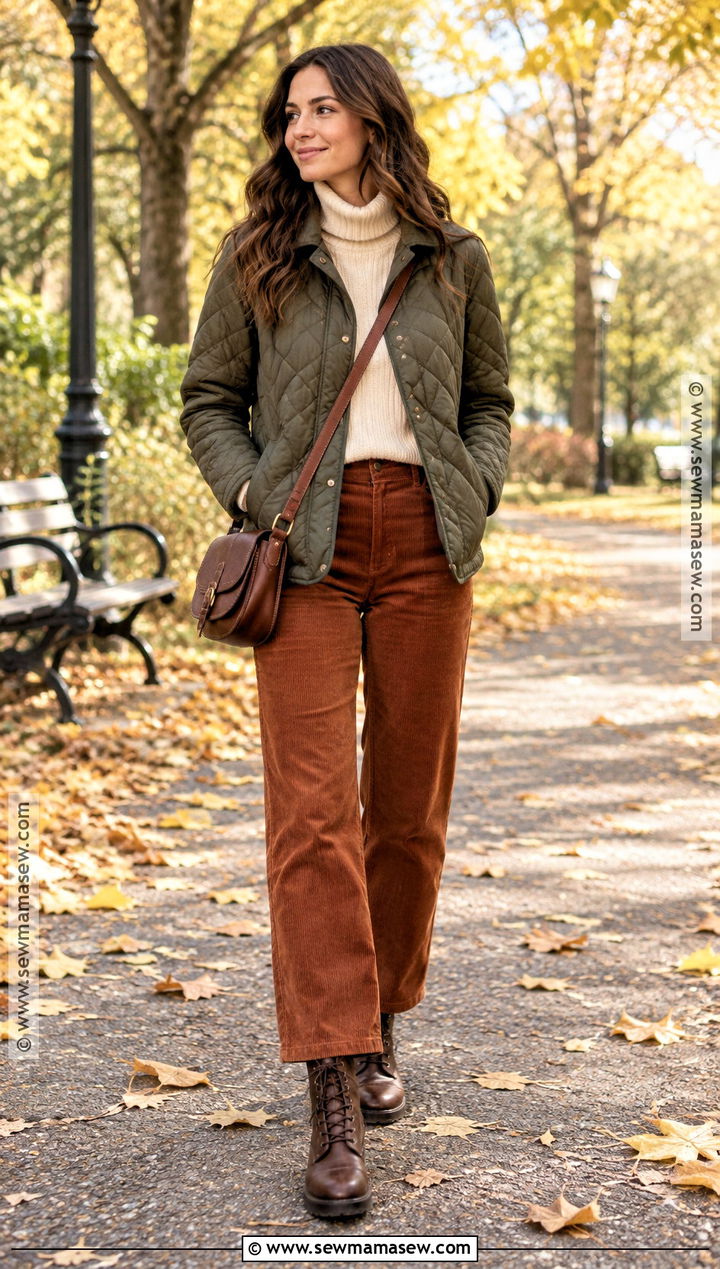 Quilted Jacket And Corduroy Pants Fall Outfit - 20 Stylish Outfits For Fall