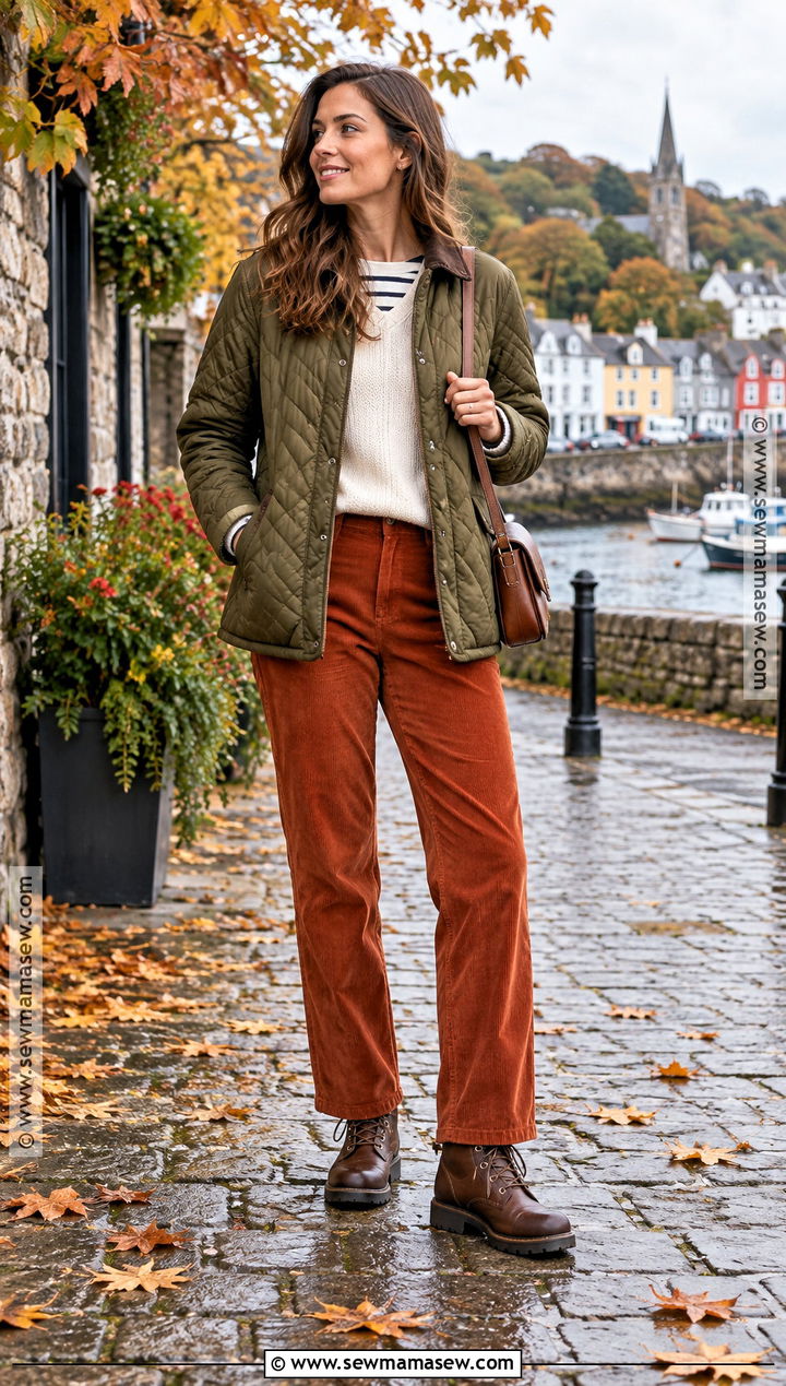 Quilted Jacket And Corduroy Pants Ireland Outfit - 15 Ireland Travel Outfits October