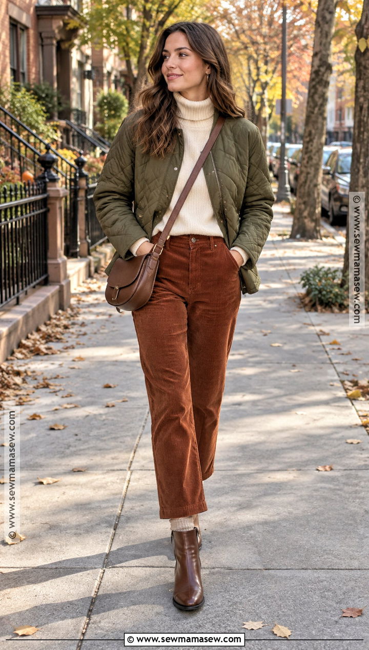 Quilted Jacket And Corduroy Pants Outfit - 15 Fall Winter 2026 Capsule Wardrobe Ideas