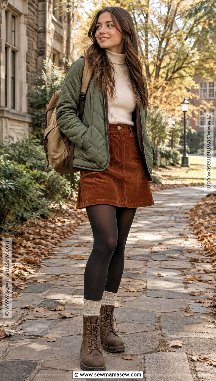 Quilted Jacket And Corduroy Skirt Granola Outfit - 15 Back To School Granola Outfits