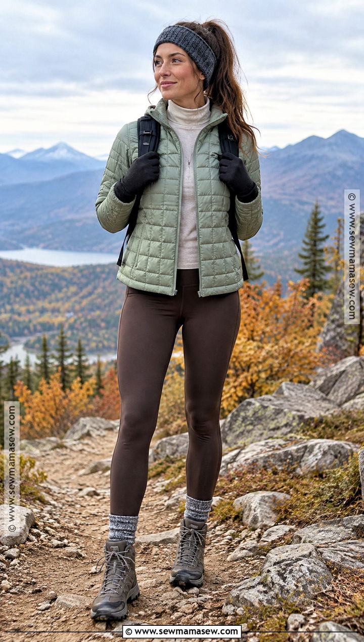 Quilted Jacket And Hiking Leggings Mountain Outfit - 20 Hiking Outfit Fall Mountain Ideas