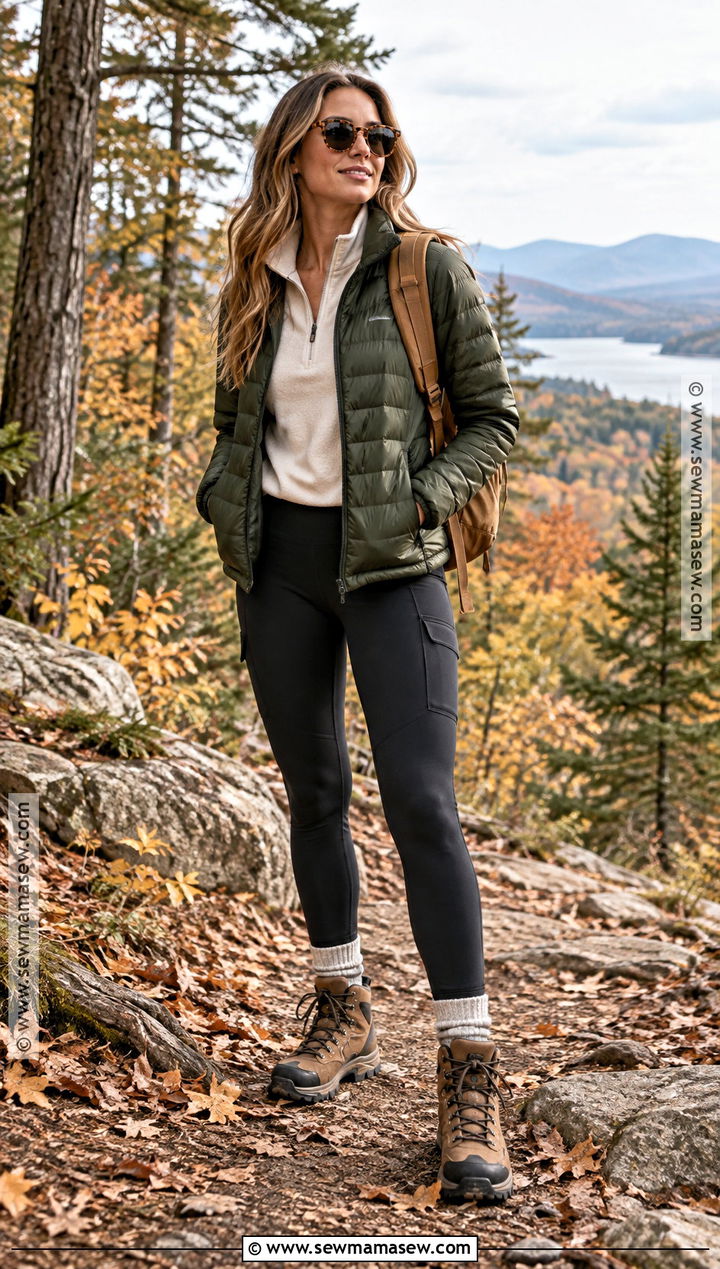 Quilted Jacket And Hiking Tights - 15 cute hiking outfit fall casual ideas