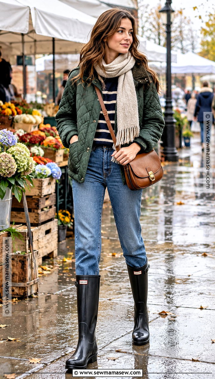 Quilted Jacket And Jeans Rainy Outfit - 25 rainy fall outfit ideas