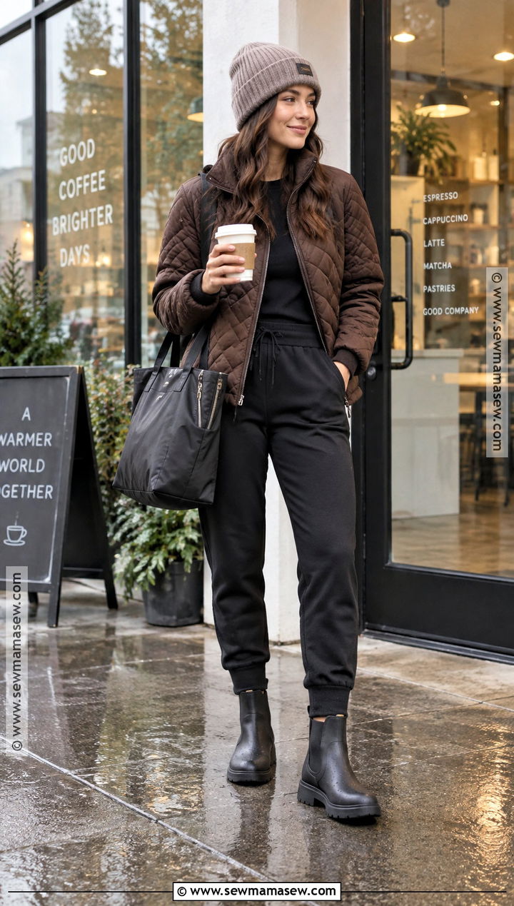 Quilted Jacket And Joggers Outfit - 15 fall rainy day outfits comfy