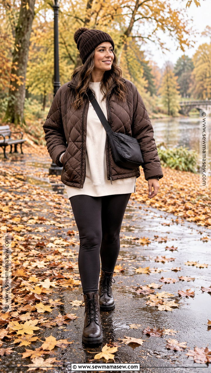 Quilted Jacket And Leggings Rainy Autumn Outfit - 20 rainy day autumn outfit ideas